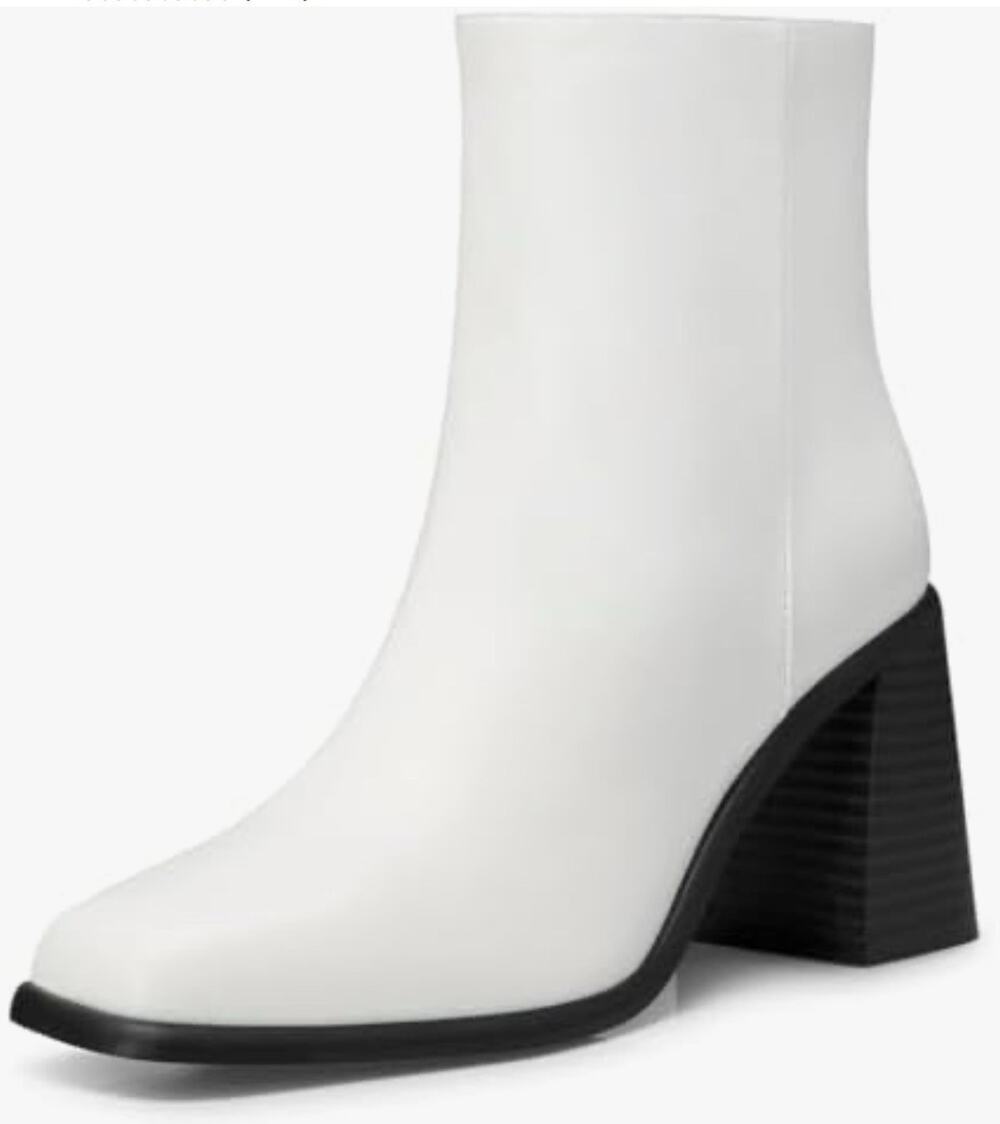 CELLENZ Womens White Leather Ankle Boots Pointed Toe Black Chunky Heel Sz 6.5